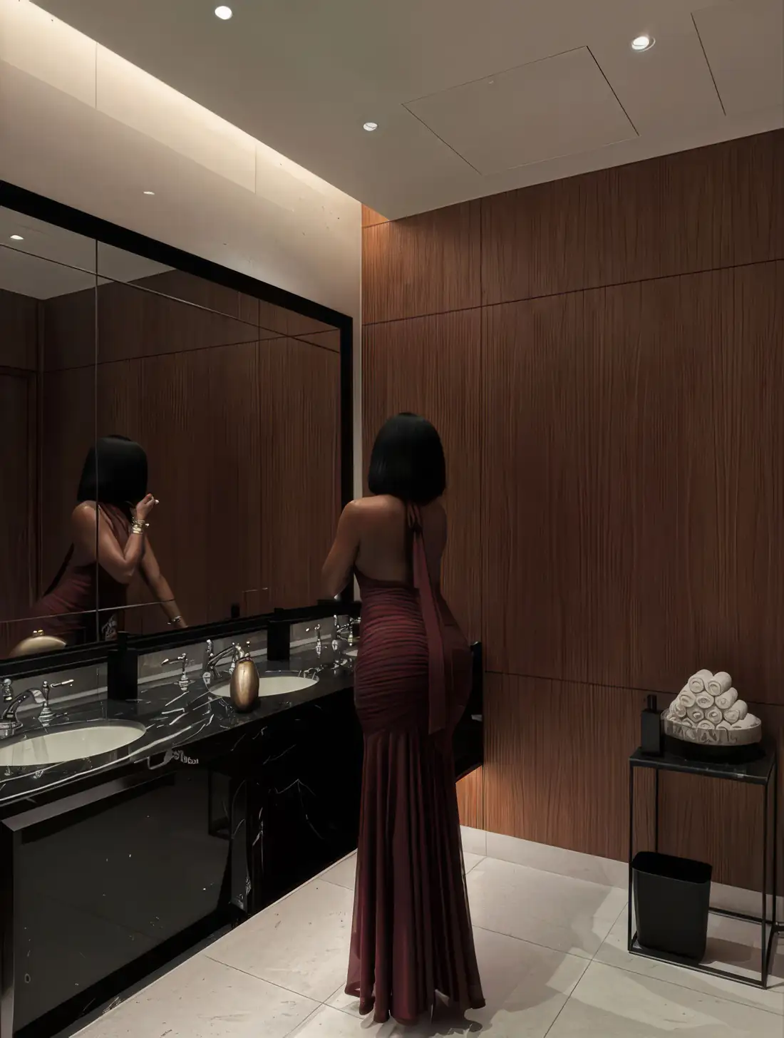 A woman in a burgundy gown checking her reflection in a wood-panelled powder room